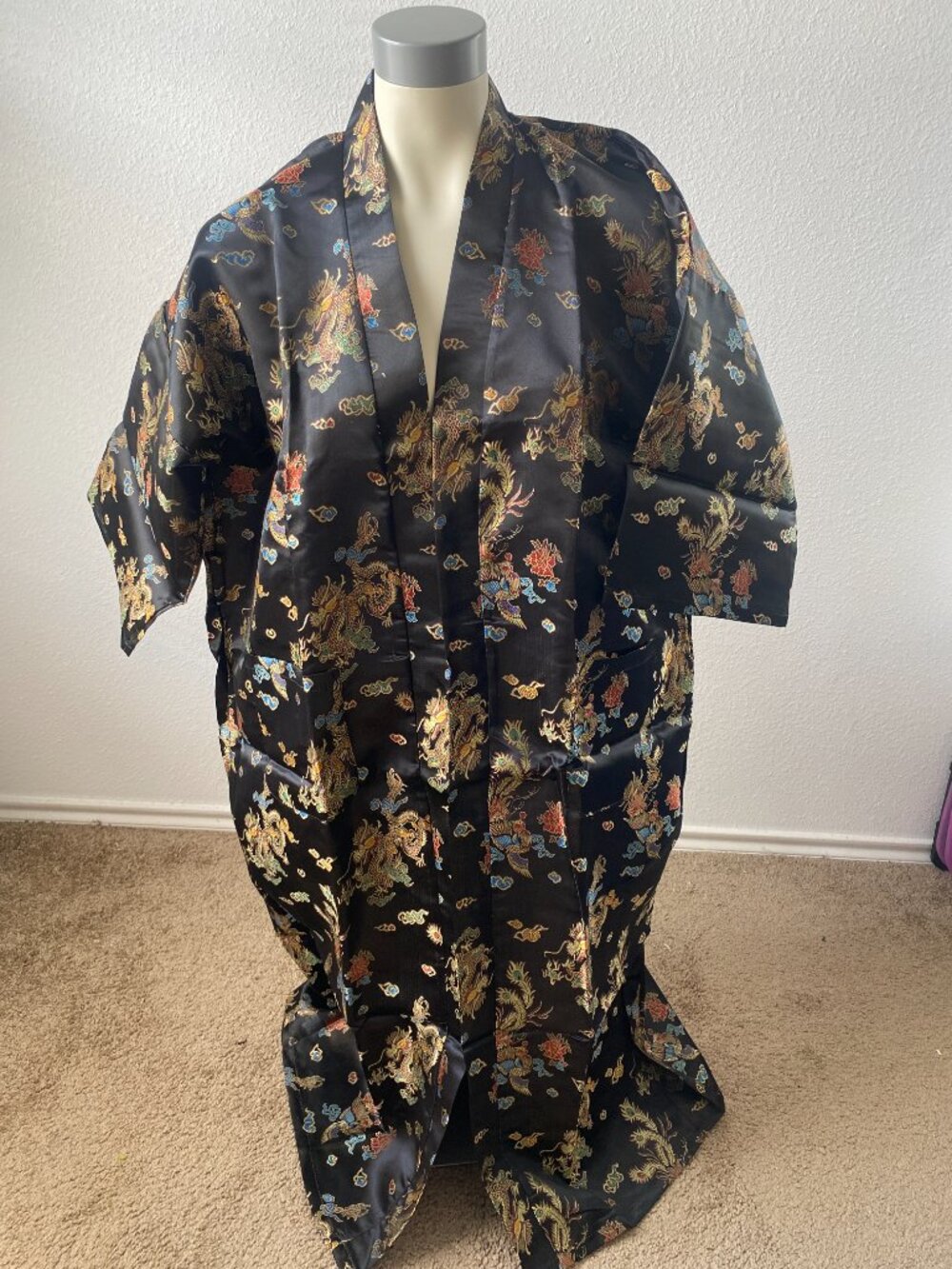 Uahong Mei Robe multicolor Floral Dragon print longewear Kimono Silk Satin XXL